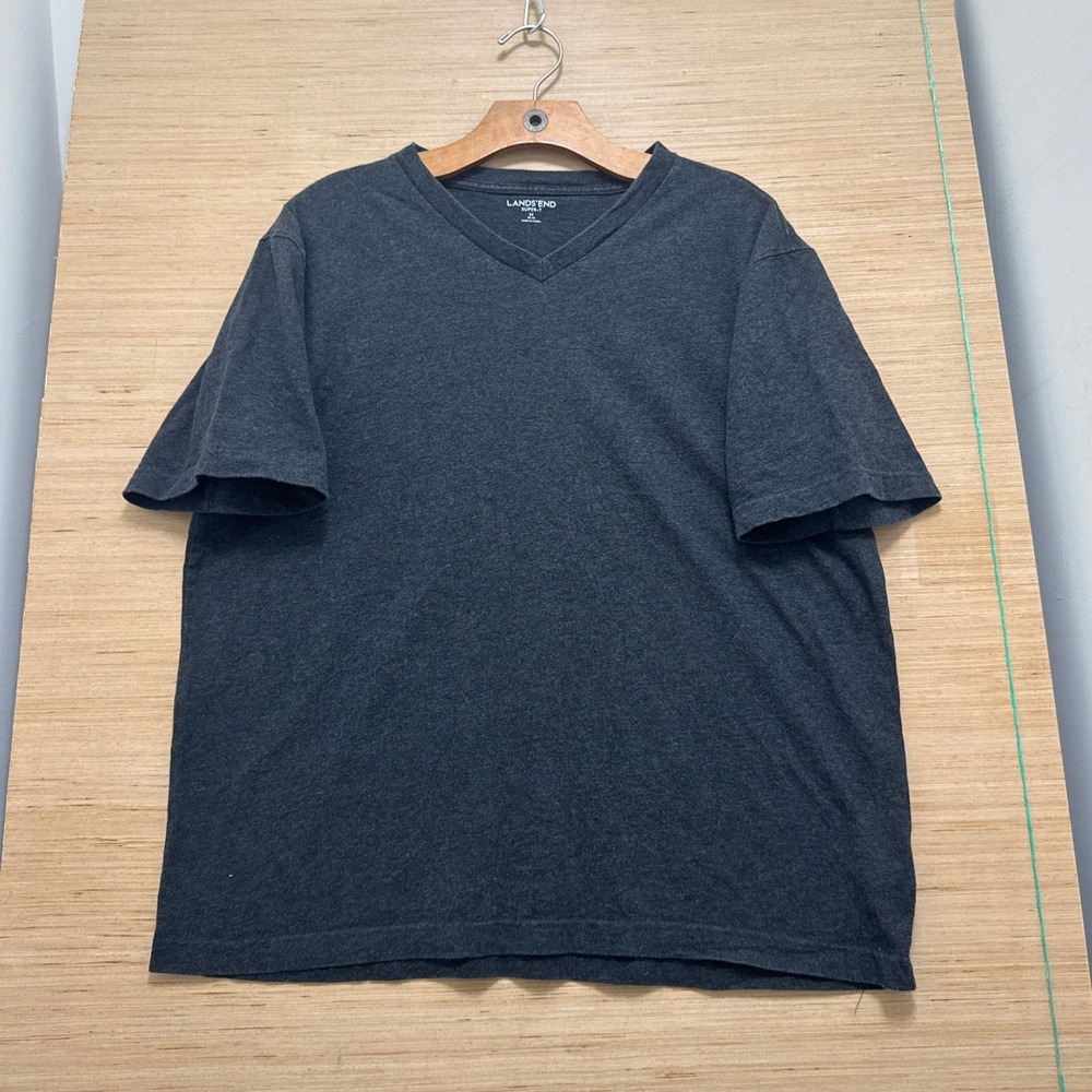 Lands End Super-T Mens Medium Gray V-Neck Short Sleeve Cotton T-Shirt Heather